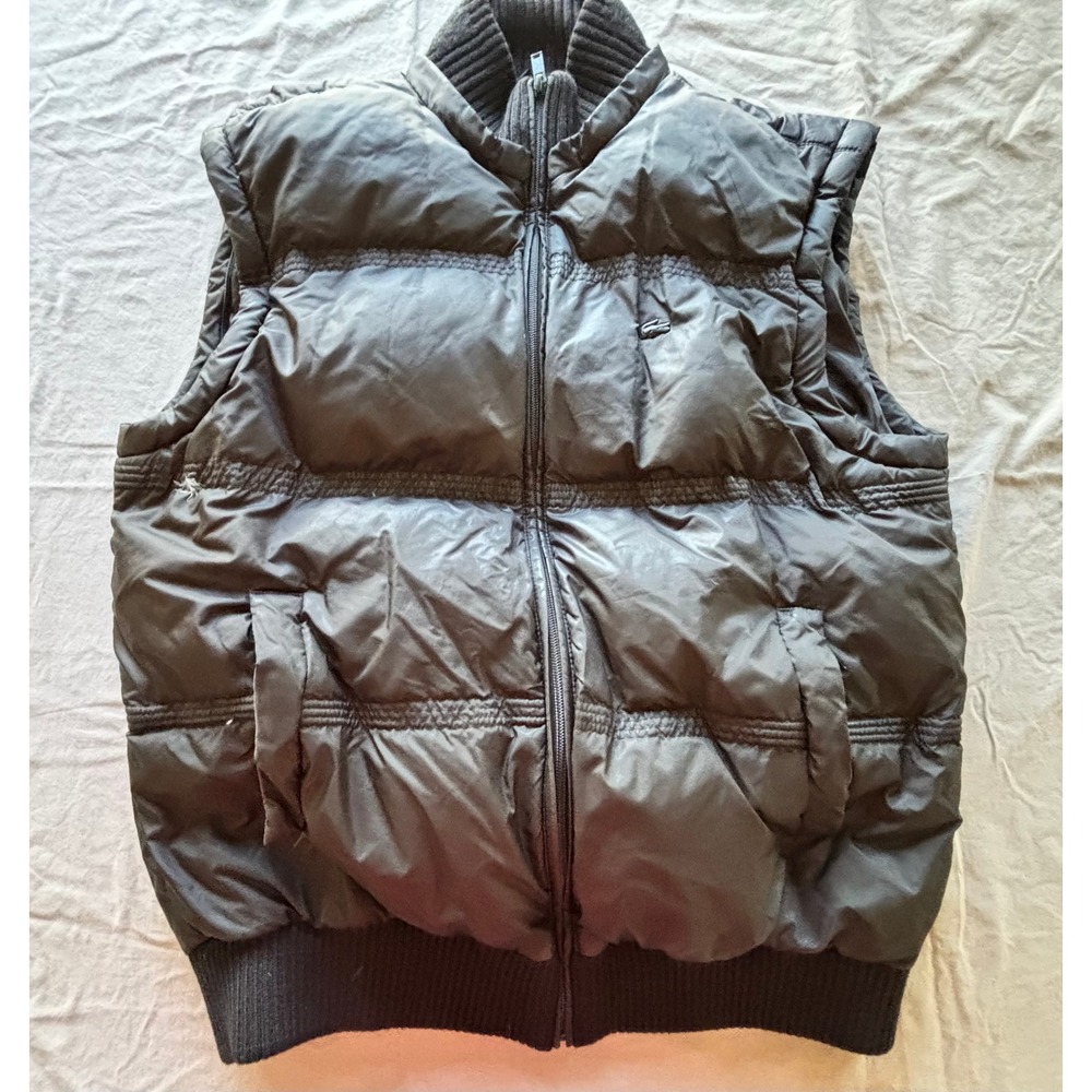 Lacoste Mens Puffer Vest Black Down Feather Fill Full Zip Ribbed Trim Size 52